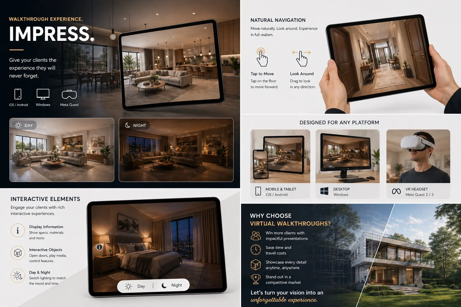 Interactive interior walkthrough for architecture and real estate presentations