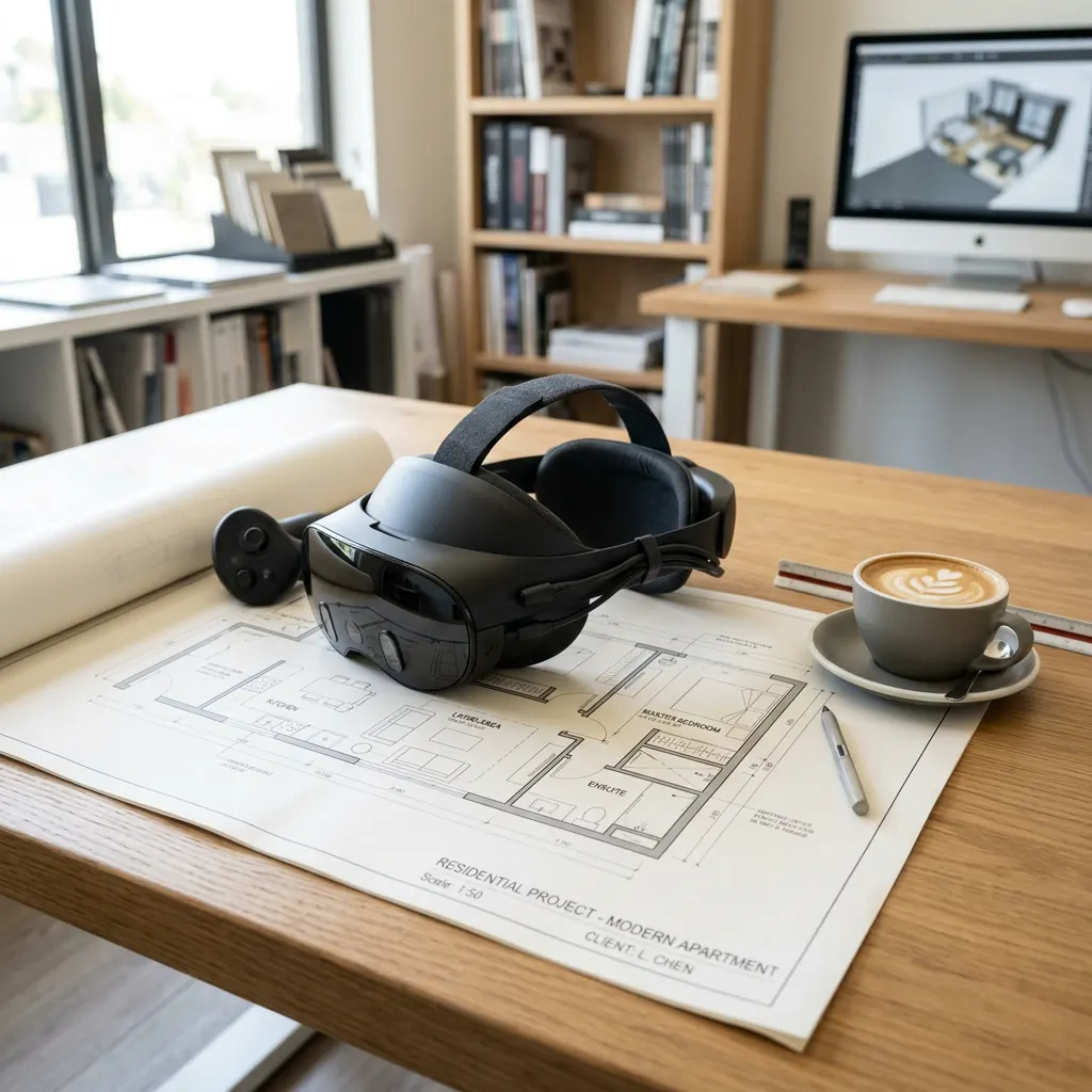 A VR headset sitting on a clean architectural floor plan on a wooden desk with a coffee cup.