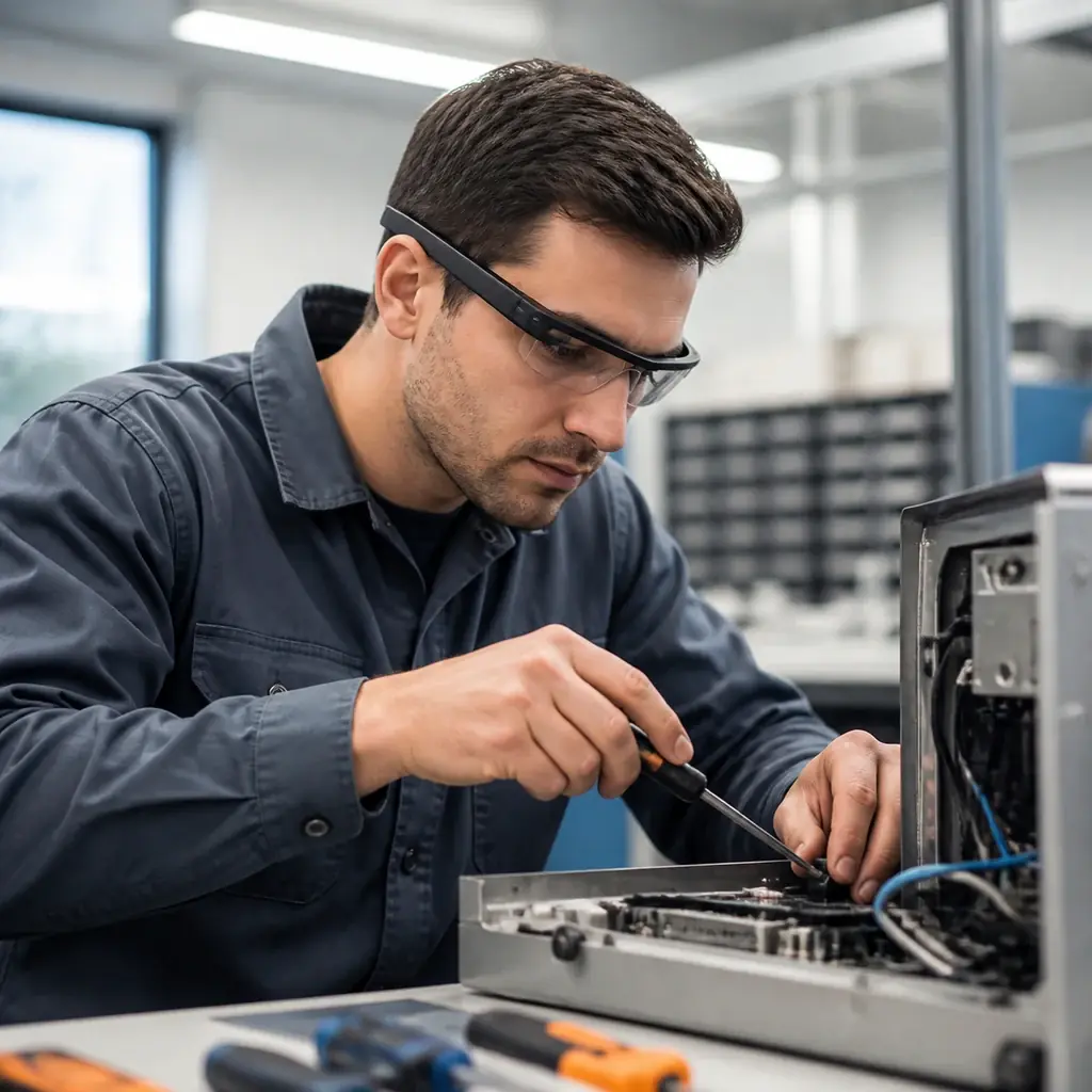 Male technician wearing smart glasses while working on clean technical equipment.