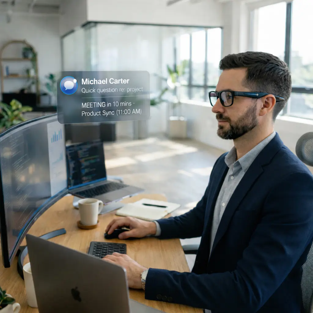 Smart glasses with facial recognition HUD overlay in office environment
