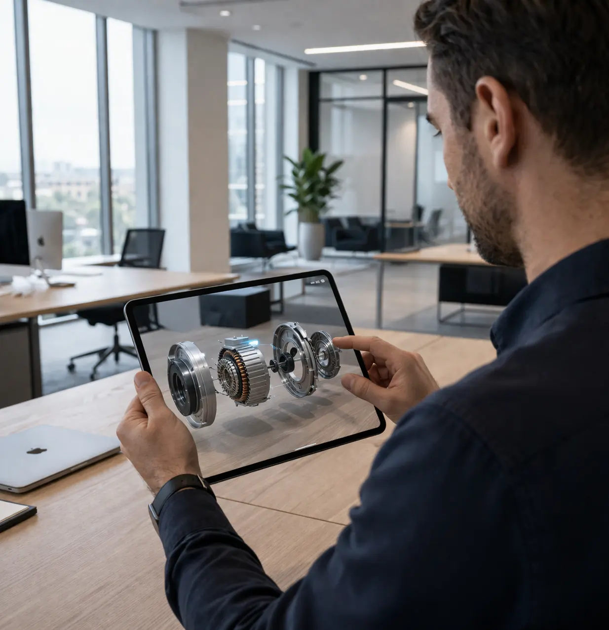 Engineer using tablet with AR 3D engine visualization
