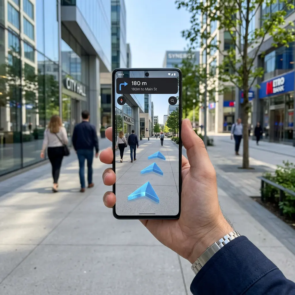 Man using AR navigation with floating arrows on a city street