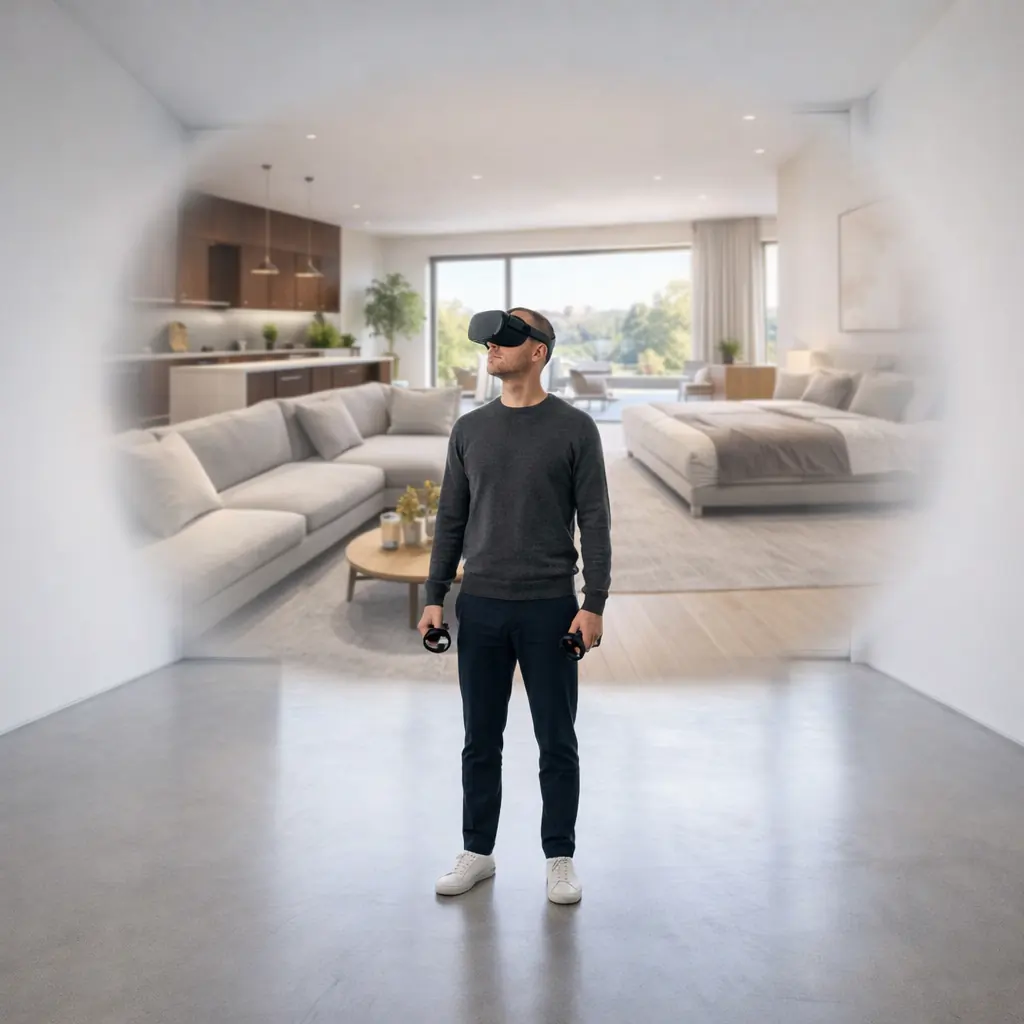 Person wearing VR headset in holographic apartment interior