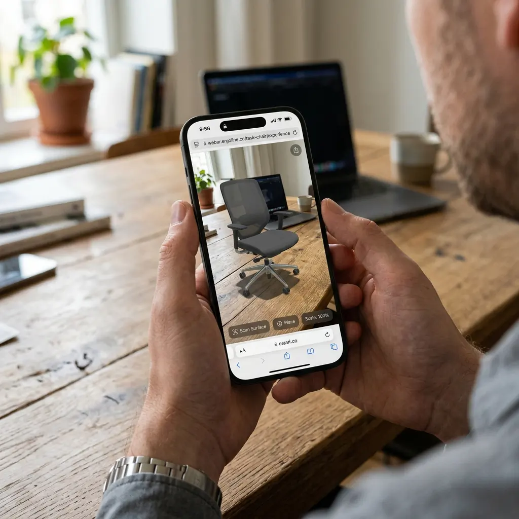 Hand holding phone with Safari browser showing AR product on table